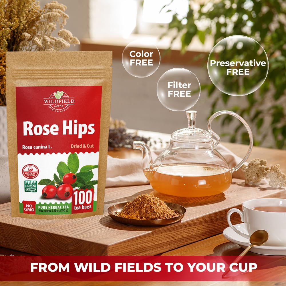 100 Bags Rosehips Tea Dried Rose Hips Crushed (Rosa Canina) - 100 Count 1.5 g Tea Bags Rosehip Berries