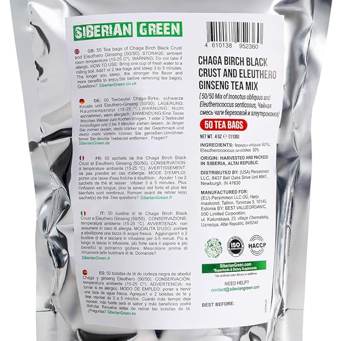 Siberian Green Chaga Tea with Siberian Ginseng Root – 50Pcs Equal Ratio Natural Pure Tea Bags with Chaga Eleuthero Mix – Non-GMO