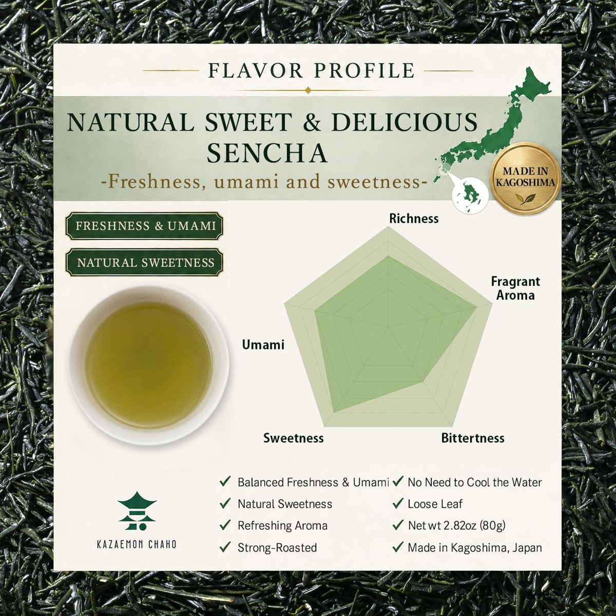 Natural sweet &amp; Delicious Sencha from Kagoshima – Japanese Loose Leaf Green Tea, 100-Year Legacy, Roasted by Tea Masters, 2.28oz / 80g – KAZAEMON Tea