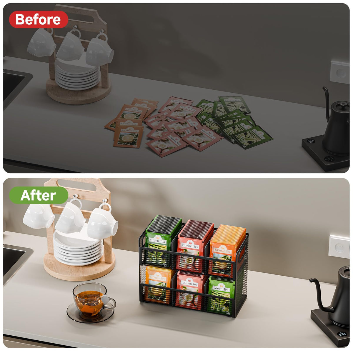 Volmop 2 Tier Tea Bag Organizer, Mesh Tea Bag Holder with Handle, Teabag Holder, Tea Station Organizer for Countertop