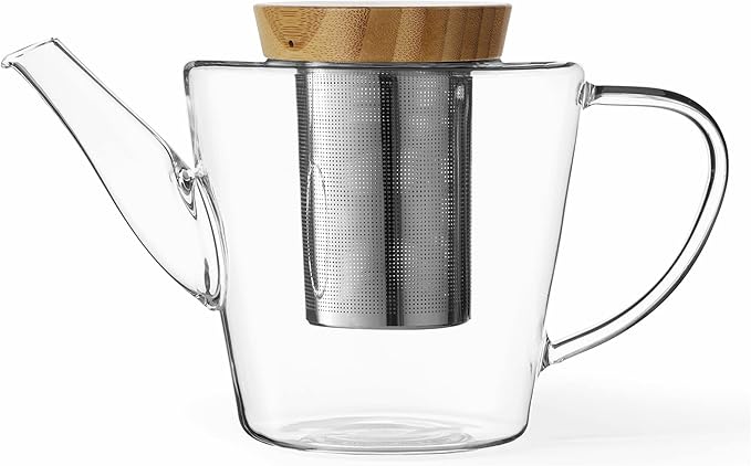 Viva Infusion Borosilicate Glass Tea Pot for Stovetop with Loose Leaf Tea Infuser Mesh - 34 ounce/1 Liter - Modern Teapot Features Bamboo Wood Lid