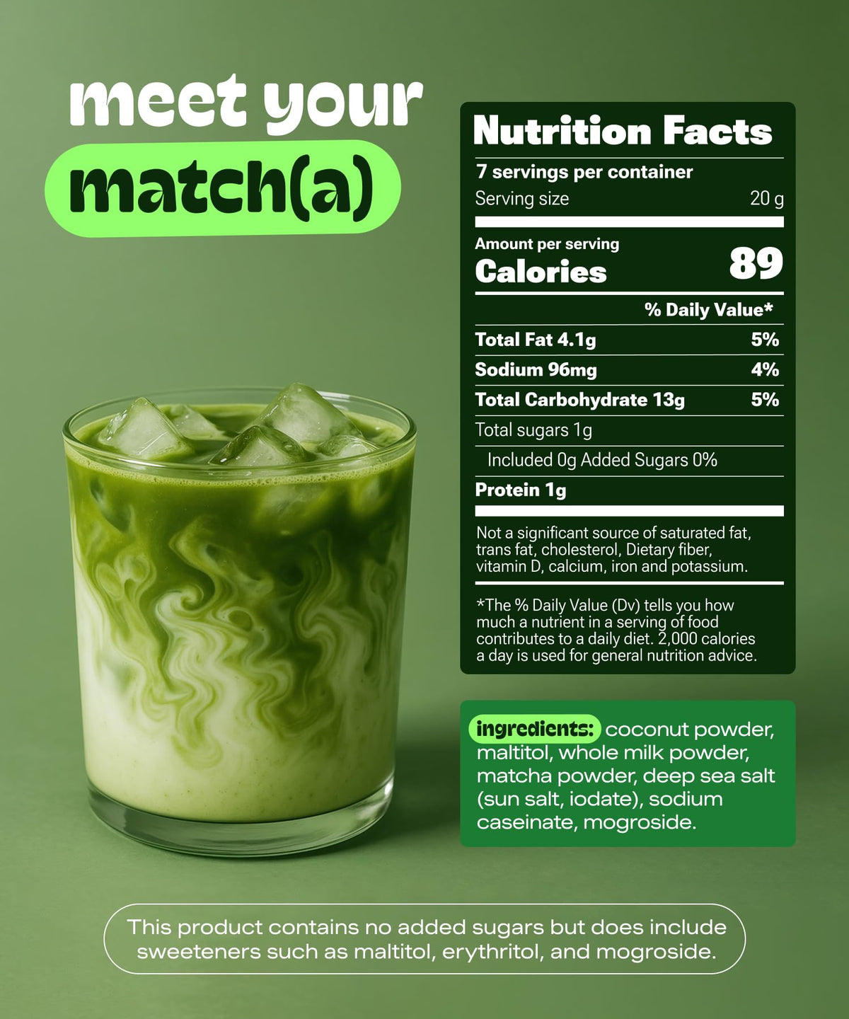 Matcha DNA Coconut Matcha Latte Powder Sticks, 7 Count, Instant Packets