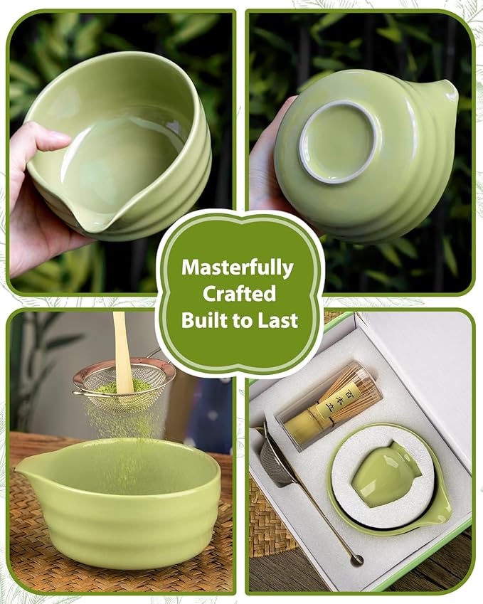 Matcha Whisk Set - 5PCS Matcha Set Includes 17OZ Chawan with Spout, Bamboo Chasen Whisk with Ceramic Holder, Mat cha Scoop and Stainless Sifter