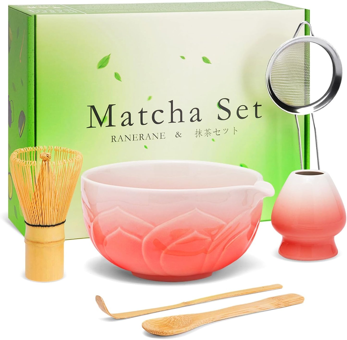 Matcha Whisk Set, Lotus Gradient Red Ceramic Matcha Set Includes Matcha Bowl, Matcha Whisk (Chasen) and Holder, Sifter, Bamboo Scoop &amp; Spoon - 6 Pcs Matcha Kit for Matcha Lovers