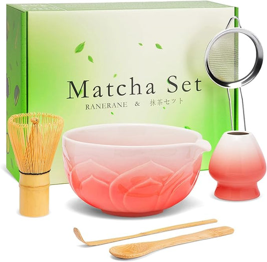 Matcha Whisk Set, Lotus Gradient Red Ceramic Matcha Set Includes Matcha Bowl, Matcha Whisk (Chasen) and Holder, Sifter, Bamboo Scoop & Spoon