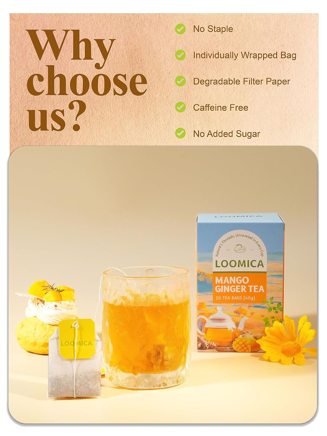 LOOMICA Mango Ginger Tea Bags, Fruity Herbal Blend, 20 Ct | Caffeine-Free, Tropical &amp; Spicy, Smooth Herbal Tea with Ginger, Cardamom &amp; Cinnamon, Individually Wrapped, Daily Refreshment