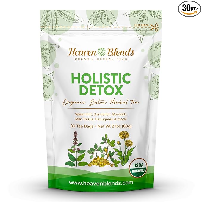Heaven Blends Organic Holistic Detox Tea – Spearmint, Dandelion, Burdock, Milk Thistle Seed, Fenugreek & Yellowdock Root – sugar free, caffeine free, and gluten free. 30 Sachet