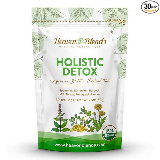Heaven Blends Organic Holistic Detox Tea – Spearmint, Dandelion, Burdock, Milk Thistle Seed, Fenugreek & Yellowdock Root – sugar free, caffeine free, and gluten free. 30 Sachet