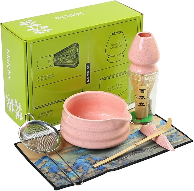 Matcha Tea Ceremony Set with Pink Ceramic Bowl, Bamboo Whisk, Strainer and Mat, 7-Piece Traditional Japanese Style