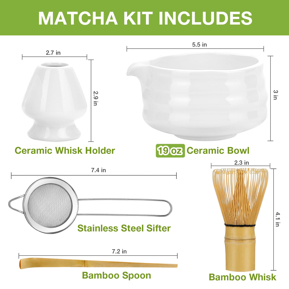 Mfacoy Matcha Whisk Set, Japanese Tea Set (5pcs) includes Matcha Bowl with Spout (19 oz), Bamboo Whisk and Matcha Scoop