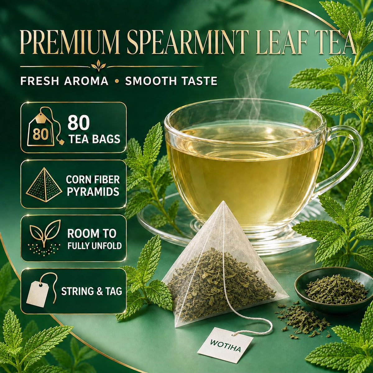 WOTIHA 80 Count Premium Spearmint Tea Bags - 100% Pure Natural Spearmint Leaves