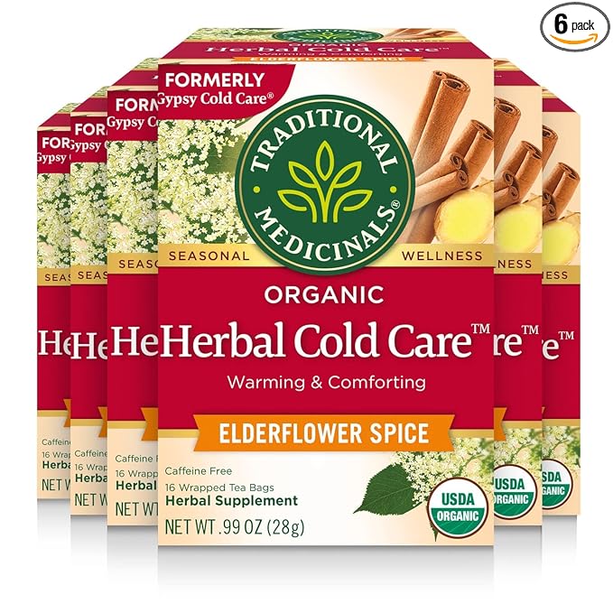 Traditional Medicinals Tea, Herbal Cold Care Seasonal Tea with Elderflower Spice, Kosher, Non-GMO, Caffeine-Free, Compostable - 96 Tea Bags (6 Pack)