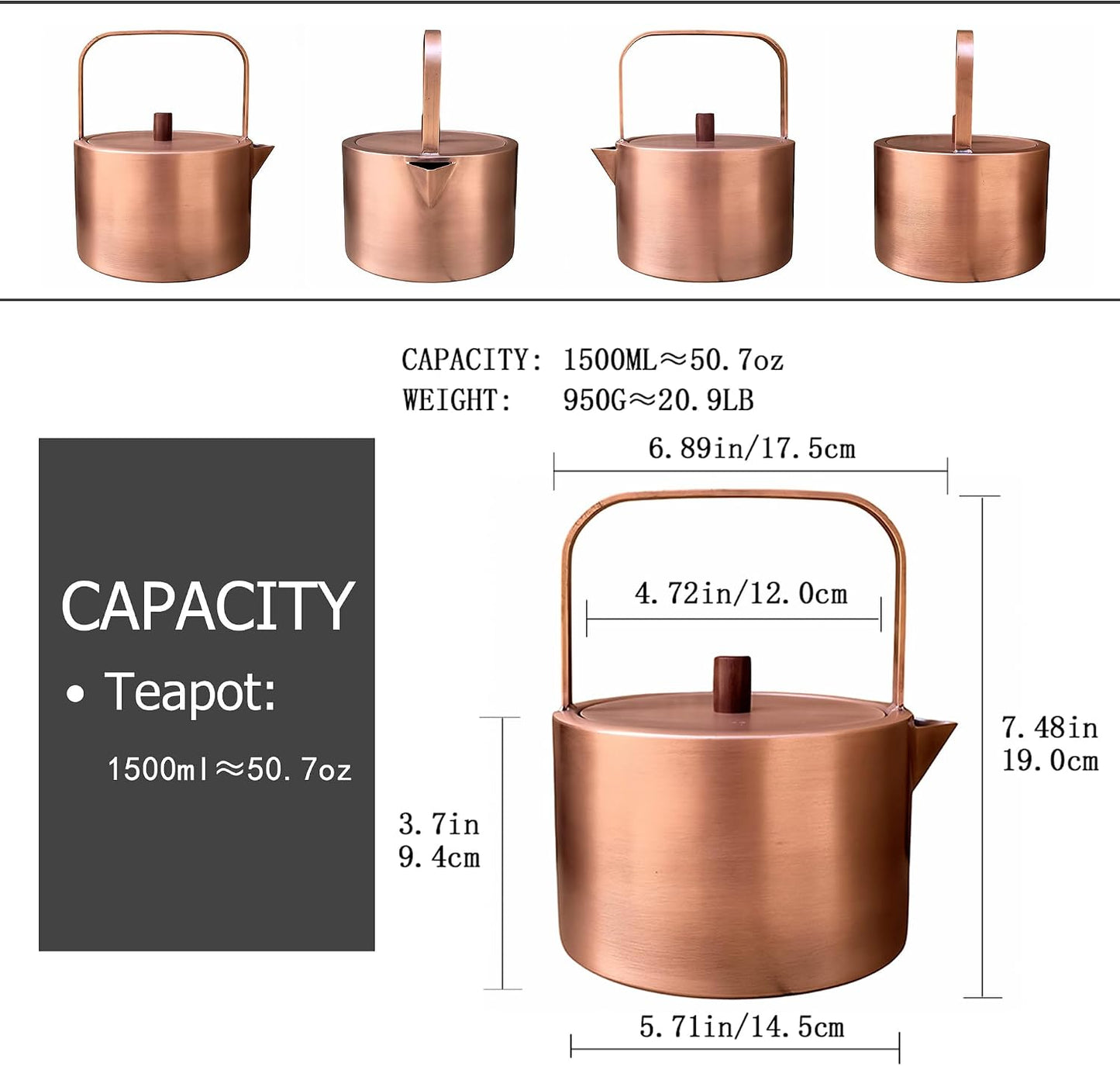 YJX Pure Copper Tea Kettle For Stovetop Safe, Chinese Style Non-Coating Teapot with Stainless Steel Tea Ball For Loose Tea, Durable Tea Pot, 1500ml Kettle