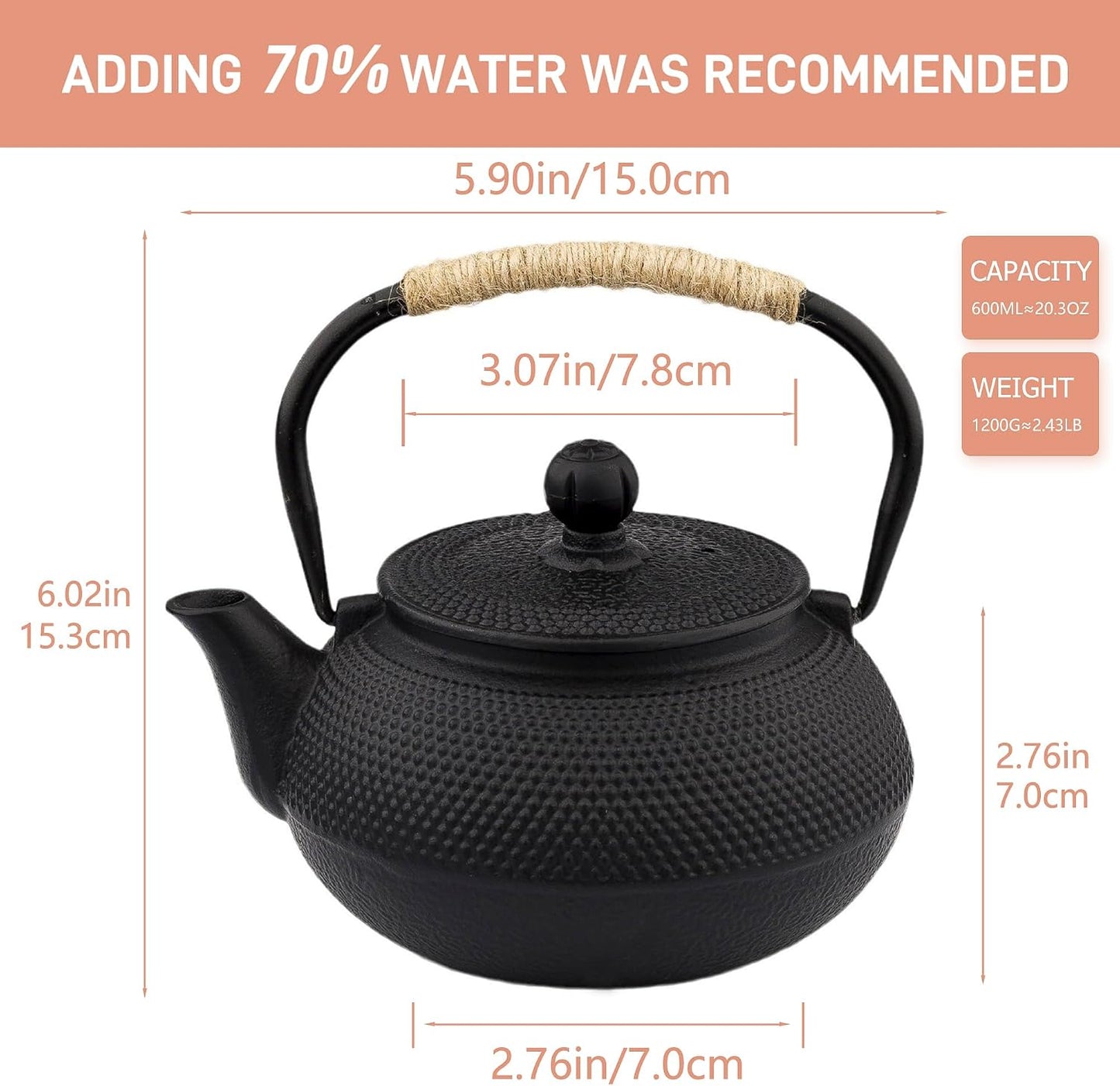 20.3oz Only, Small Tea Kettle for 1-2 Cups, Japanese Tetsubin, Cast Iron Teapot with Stainless Steel Infuser for Loose Leaf &amp; Coffee, Tea Pot for Stovetop Safe, Enamel Interior(Black, 600ml)