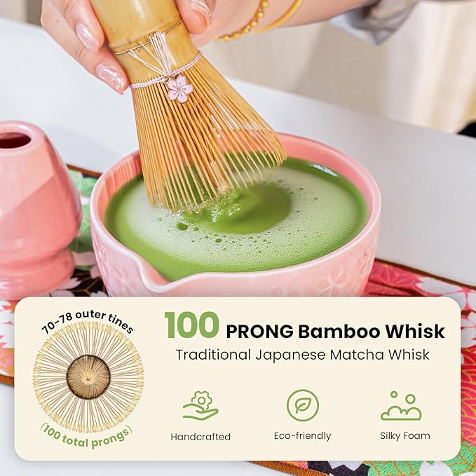 Matcha Whisk Set, Pink Matcha Kit (9 Pcs) Includes Bowl, Whisk, Holder, Scoop, Sifter, Spoon, Rest, Mat, Book