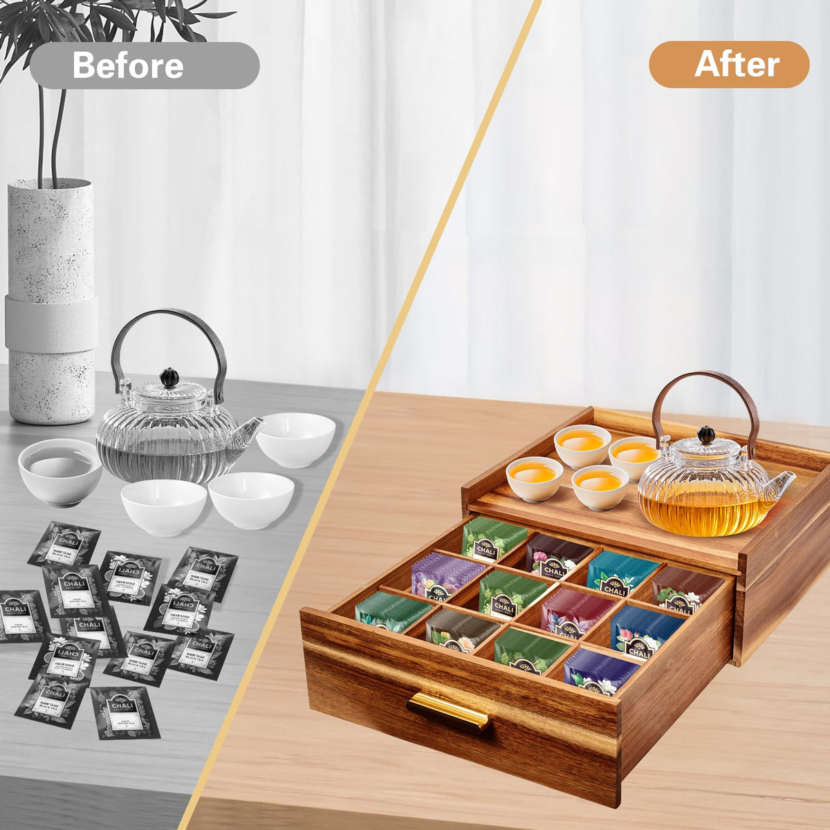 NANXITU Acacia Wood Tea Holder Organizer, Tea Box Organizer Storage Box