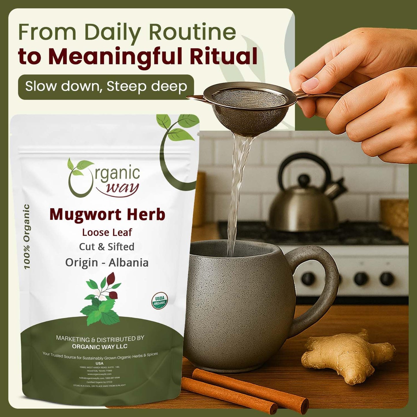 Organic Way Mugwort Herb Loose Leaf Cut &amp; Sifted - Herbal Tea (4 Oz)