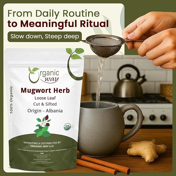 Organic Way Mugwort Herb Loose Leaf Cut & Sifted (Artemisia Vulgaris) Herbal Tea, Kosher & USDA Certified, Vegan, Non-GMO & Gluten Free