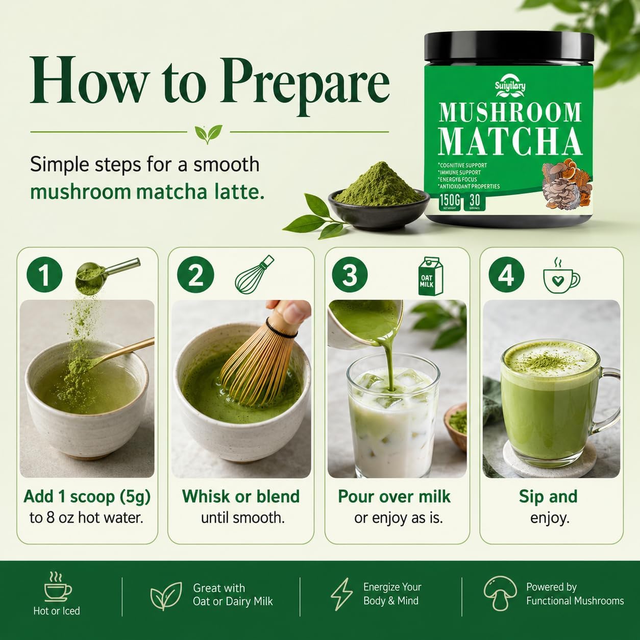 Suiyilary Mushroom Matcha, Ceremonial Matcha Tea Powder with 7 Superfood Mushrooms, Gluten Free, Taste Great Hot or Cold Matcha Latter - 150g 30 Serving
