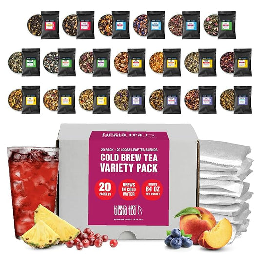 Tiesta Tea - 20 Pack Cold Brew Variety, Loose Leaf, Premium Blend, High to Non-Caffeinated, Assorted Tea Sample Set, Cold Brew Packets