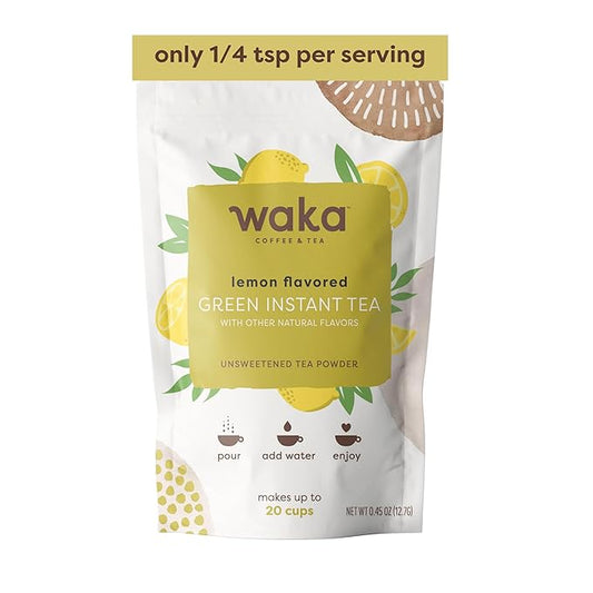 Waka Instant Green Tea Mix, Lemon Flavored - 100% Tea Leaves, No Additives, Unsweetened Sample/Travel Size Tea Powder - Easy Quick Hot and Iced Teas, Up to 20 Cups or 5 Quarts (.45oz)
