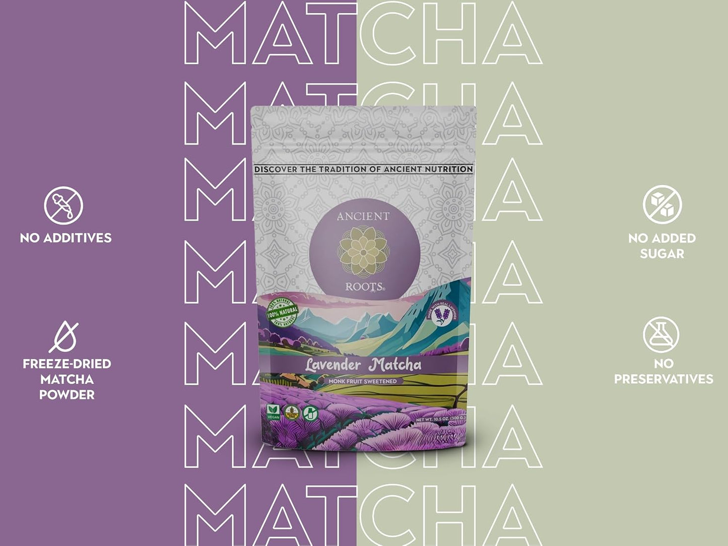 Ancient Roots Lavender Matcha - Green Tea Powder - 100% Japanese Matcha, All-natural Flavor No Added Sugar, Monk Fruit Sweetened, Clean Caffeine, Big Size,10.5 Ounce