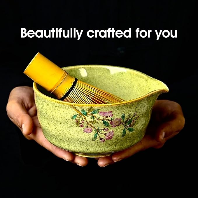 7-Piece Matcha Set with Ceramic Matcha Bowl, Bamboo Whisk (Chasen) & Holder, Sifter, Tea Scoop & Rest, Special Bamboo Tea Mat