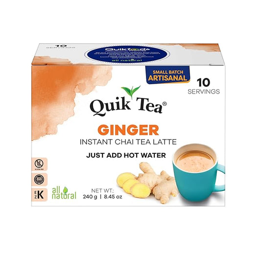 QuikTea Ginger Chai Tea Latte – 10 Count, Bold Ginger Flavor, no preservatives – Just Add Hot Water