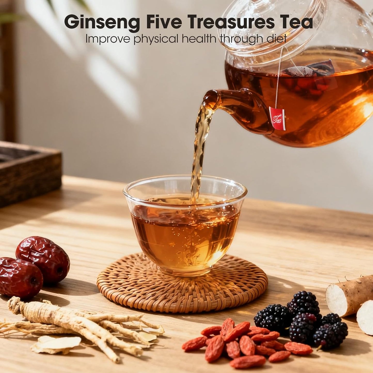 Ginseng Five Treasure Kidney Tea, Natural Cleanse Tea with 5 Precious Ingredients, Kidney Cleanse Detox &amp; Repair for Men &amp; Women, Chinese Herbal Tea Bags(10g x25pcs)