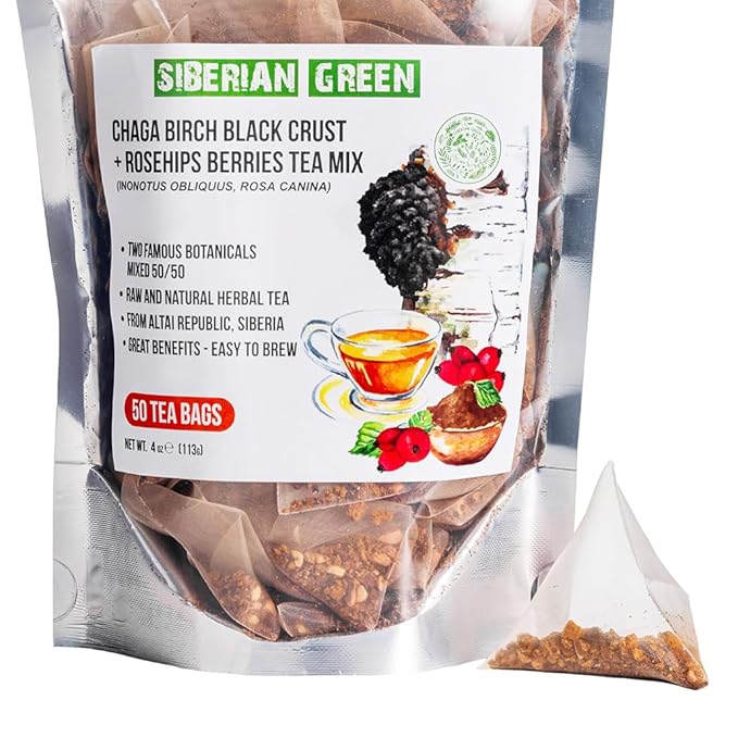 Siberian Green Chaga Tea Birch Black Crust with Rosehip Berries Mix – 50pcs Tea Bags with Natural, Pure Ingredients - Antioxidant Support