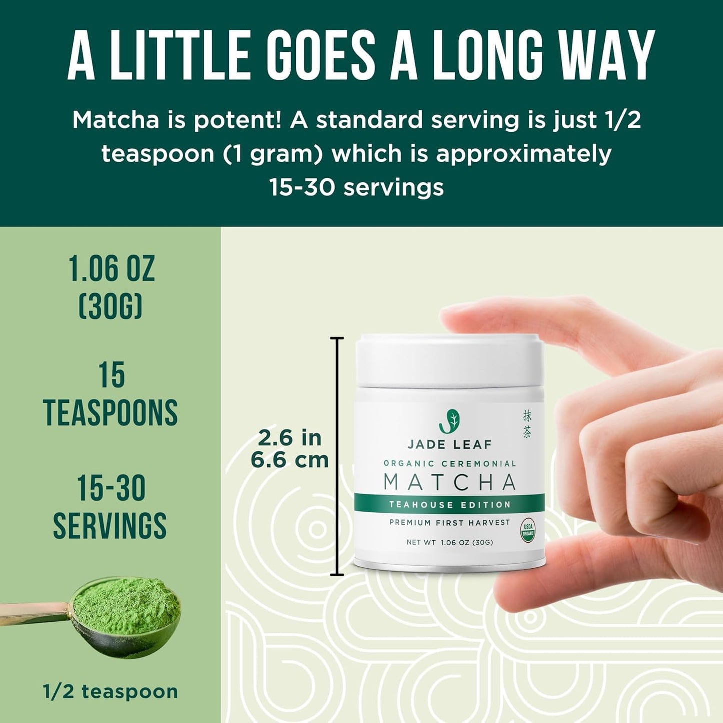 Jade Leaf Ceremonial Grade Matcha Powder, 30g / 1.06oz Tin | Teahouse Edition - Ideal for Matcha Lattes or Tea Ceremonies! - Authentic Japanese Matcha Green Tea Powder - USDA Organic
