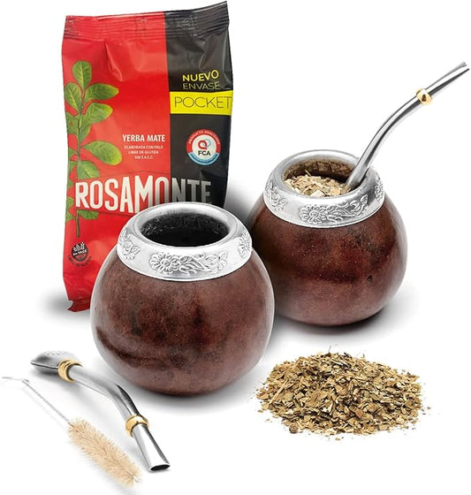 BALIBETOV Set of Two Yerba Mate Gourd and One Pack of 100gr - 3.5OZ of Yerba Mate - Yerba Mate Cup Argentina - 2 Mate Tea Cup, 2 Bombilla, 1 Cleaning Brush, 1 Loose Leaf Yerba Mate bag (DARK BROWN)