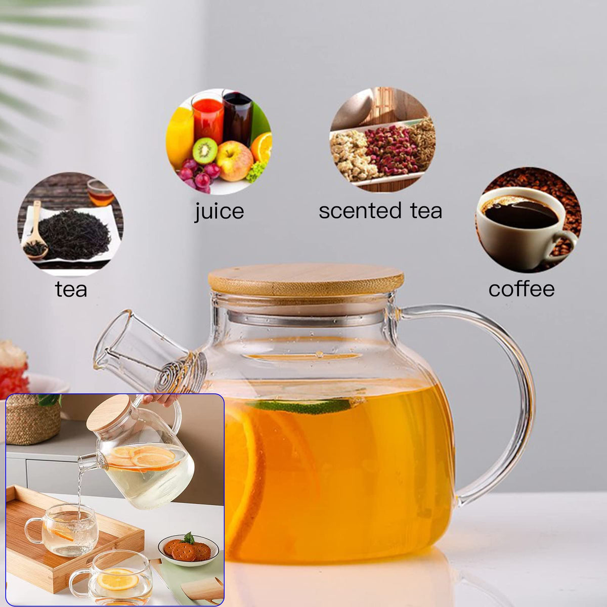 JOUALY Glass Teapot 34oz/1000ml, Stovetop & Microwave Safe Borosilicate Tea Pot,Clear Teapot with Strainer, Glass Tea Kettle