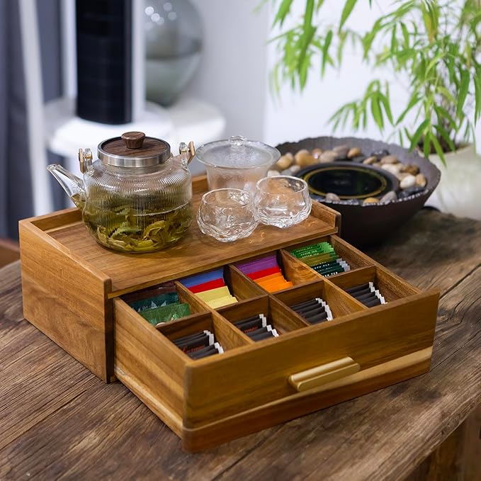 Acacia Wood Tea Bag Organizer, Tea Organizers and Storage Box, Tea Caddy for Tea Bags Storage Drawer, Teabag Holder Container Boxes for Countertop