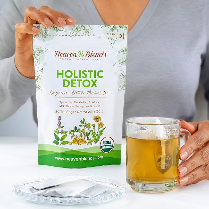 Heaven Blends Organic Holistic Detox Tea – Spearmint, Dandelion, Burdock, Milk Thistle Seed, Fenugreek & Yellowdock Root – sugar free, caffeine free, and gluten free. 30 Sachet