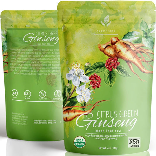 Gardenika Organic Green Loose Leaf Tea with Tulsi, Cloves and Cinnamon – Kosher, No Natural or Artificial Flavors – 4 oz (Ginseng Green)