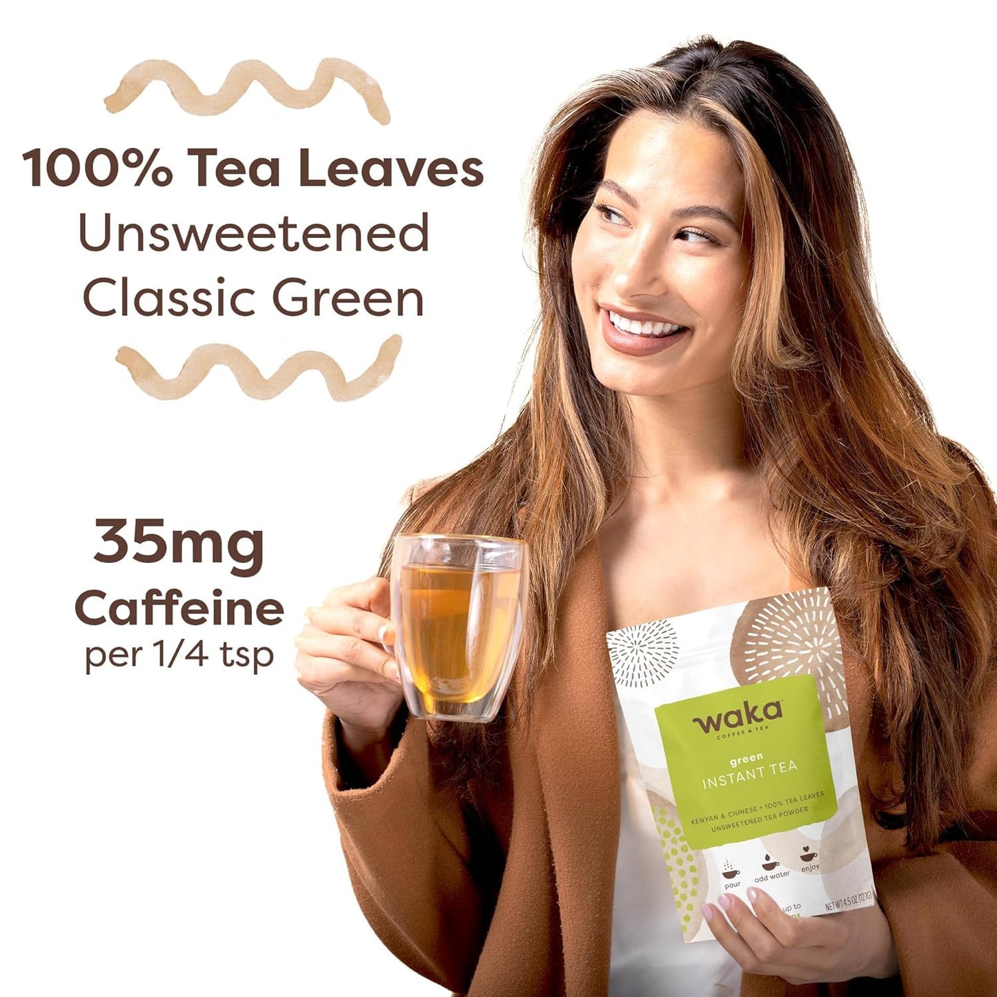 Waka Instant Green Tea Mix, Original - 100% Tea Leaves, No Additives, Unsweetened Tea Powder for 50 Quarts or 200 Cups – Easy and Quick Hot or Iced Teas (4.5oz) | 100% Tea Leaves, Concentrated Green Tea Powder, Kenyan &amp; Chinese Blend, Makes up to 200