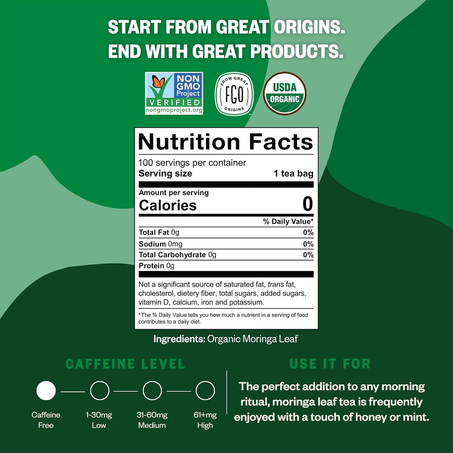 FGO Organic Moringa Tea, 100 Count, Eco-Conscious Tea Bags, Resealable Bag, Caffeine Free, Packaging May Vary (Pack of 1)