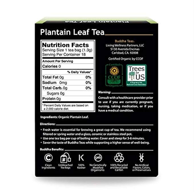 Buddha Teas - Plantain Leaf Tea - Herbal Tea - Promotes Digestive & Respiratory Health - Clean Ingredients - Caffeine Free - OU Kosher - Gluten Free - 18 Tea Bags (Pack of 1)
