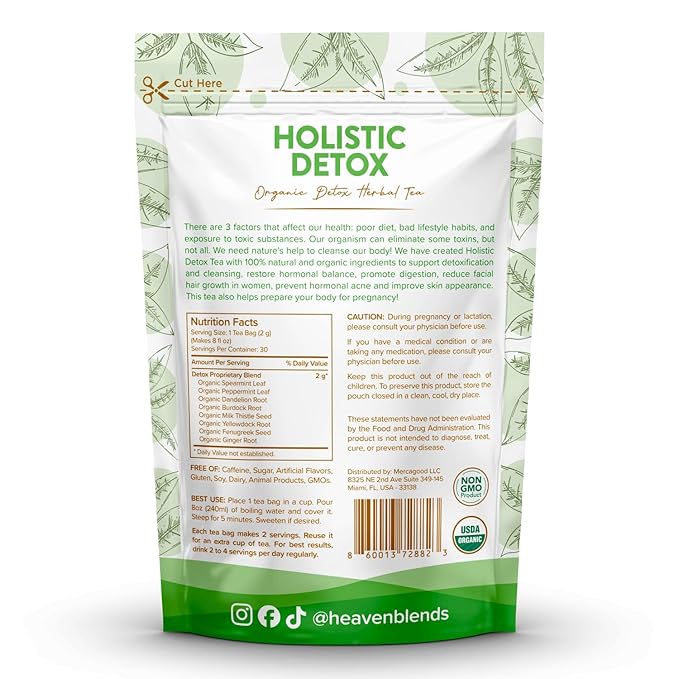 Heaven Blends Organic Holistic Detox Tea – Spearmint, Dandelion, Burdock, Milk Thistle Seed, Fenugreek & Yellowdock Root – sugar free, caffeine free, and gluten free. 30 Sachet
