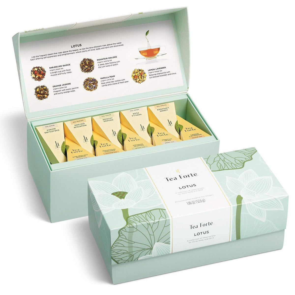 Tea Forte Premium Presentation Box Gift Set Sampler, 20 Count, Assorted Blends Individually Wrapped Handcrafted Pyramid Infuser Bags, Lotus Tea