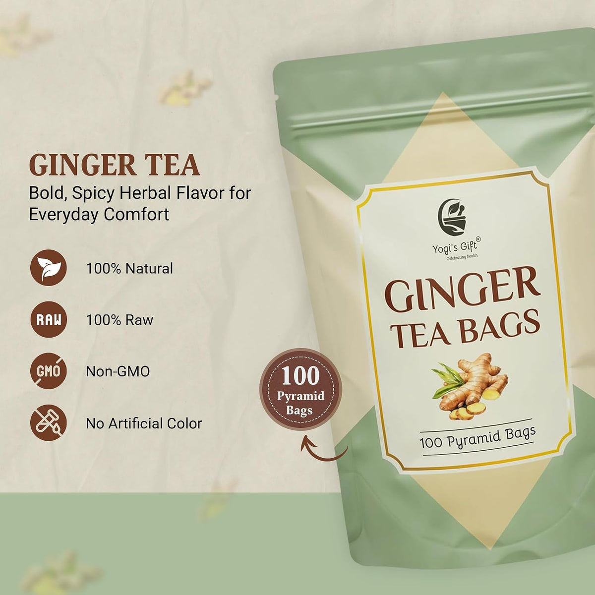 Yogi's Gift® Ginger Tea Bags | 100 Pyramid Tea Bags | Herbal Tea