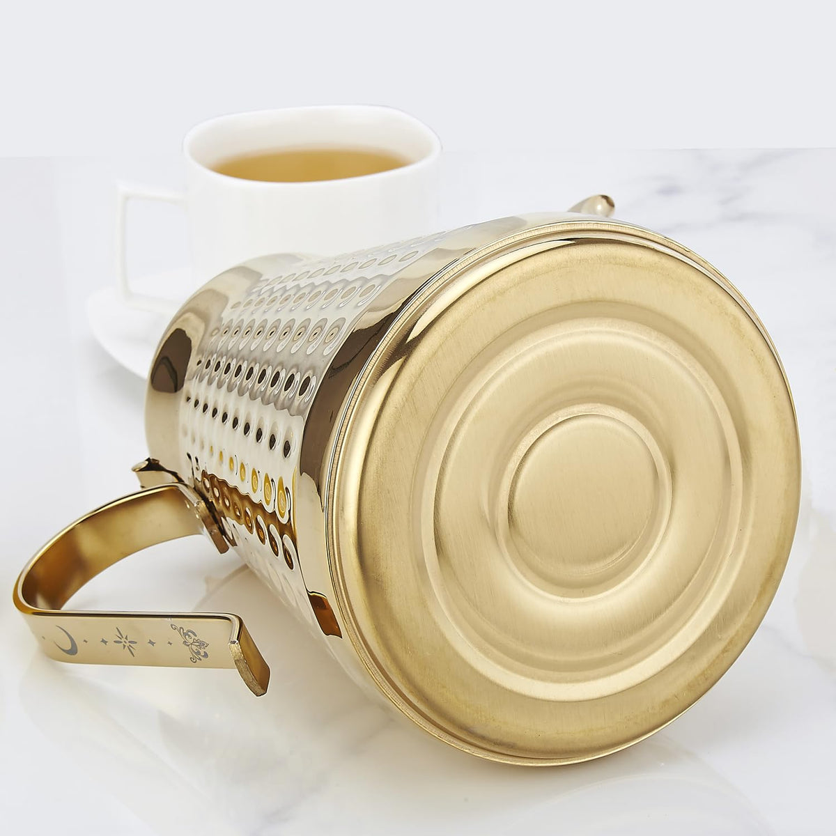 SANQIAHOME 1.8L(60oz) Stainless Steel Hammer Patterned Teapot With Removeable Infuser,Loose leaf cover,Gold
