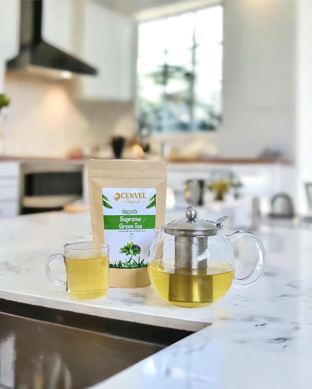 CENVEL® Organic Supreme Loose Green Tea Leaves 5.29 Oz | 100% Pure & Natural Tea | Single Origin | Premium Large-Leaf | Rich in Antioxidants (150g)