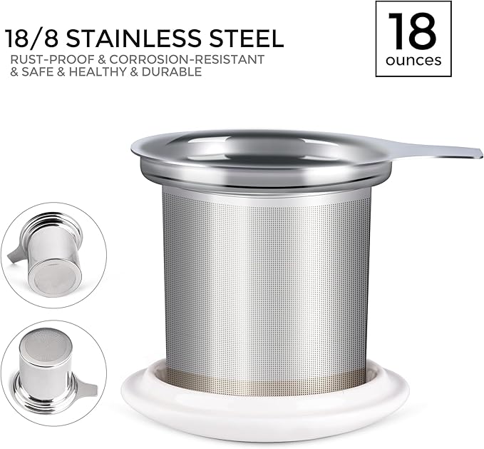 Gbhome Tea Mug with Infuser and Lid, 18 Ounce Large Ceramic Loose Leaf Tea Cup, Microwave, Dishwasher Safe Tea Steeping Mug