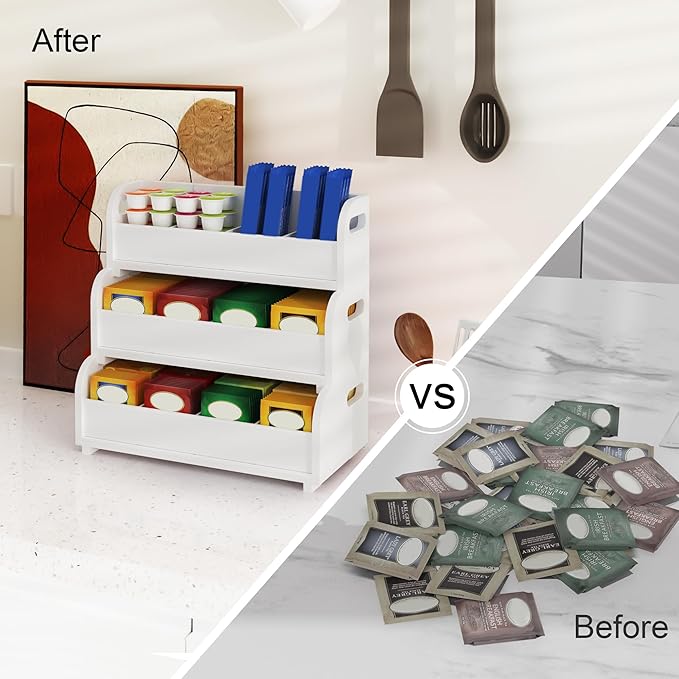 Wisuce Tea Holder for Tea Bags Organizer - White Bamboo Tea Organizer for Tea Bags 3-Tier Stackable Wall Mount Large Capacity Tea Storage Box to Pantry Countertop Kitchen Office