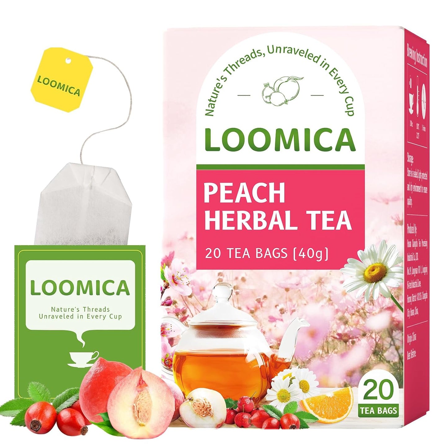 LOOMICA Peach Herbal Tea, Caffeine-Free, Peach Tea Bags with Rosehip, Hibiscus, Chamomile &amp; Orange Peel, Naturally Balanced Sweet &amp; Tangy, Refreshing Fruity Herbal Blend, No Artificial Sugar, 20 Counts