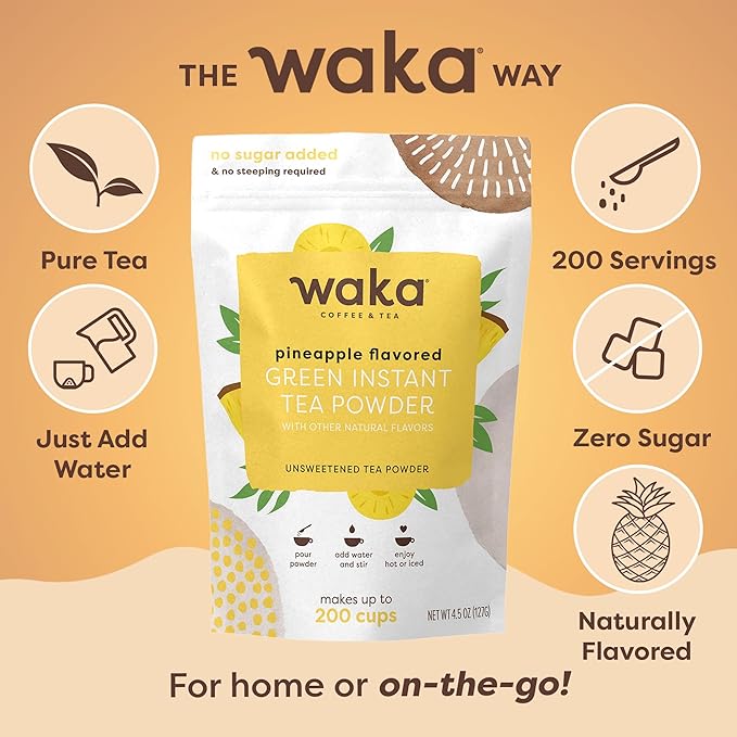 Waka Instant Green Tea Mix, Pineapple Flavored - 100% Tea Leaves, No Additives, Unsweetened Tea Powder in Bulk Pouch – Easy Quick Hot and Iced Teas, Up to 200 Cups (4.5oz)