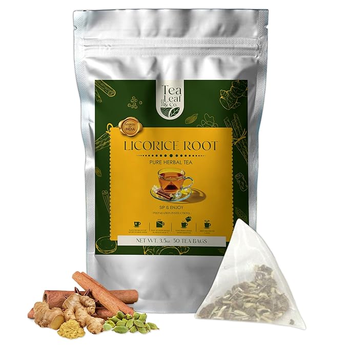 Tealeaf & Co. Licorice Root Tea Blended with Organic Spices - Pure Herbal Tea Bags with Cardamom, Ginger, Cinnamon Sticks & Licorice Root Extract