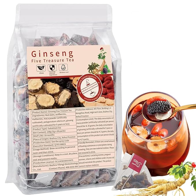 Tealth Ginseng Five Treasures Tea - Herbal Tea Formula 6 Precious Ingredients Formula Natural Organic Chinese Herbal Tea for Women & Men (1 Pack/30